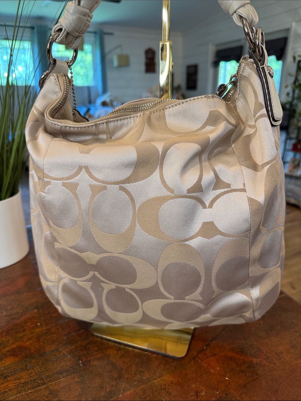 Coach Beige Signature Hobo Bag with Turn-Lock Pocket - Picture 8 of 16